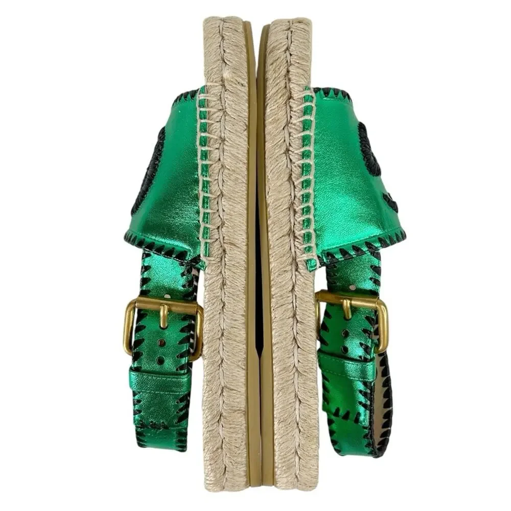 GUCCI Pilar Embroidered Double G Slingback Metallic Green Espadrille Sandals - Picture 5 of 11